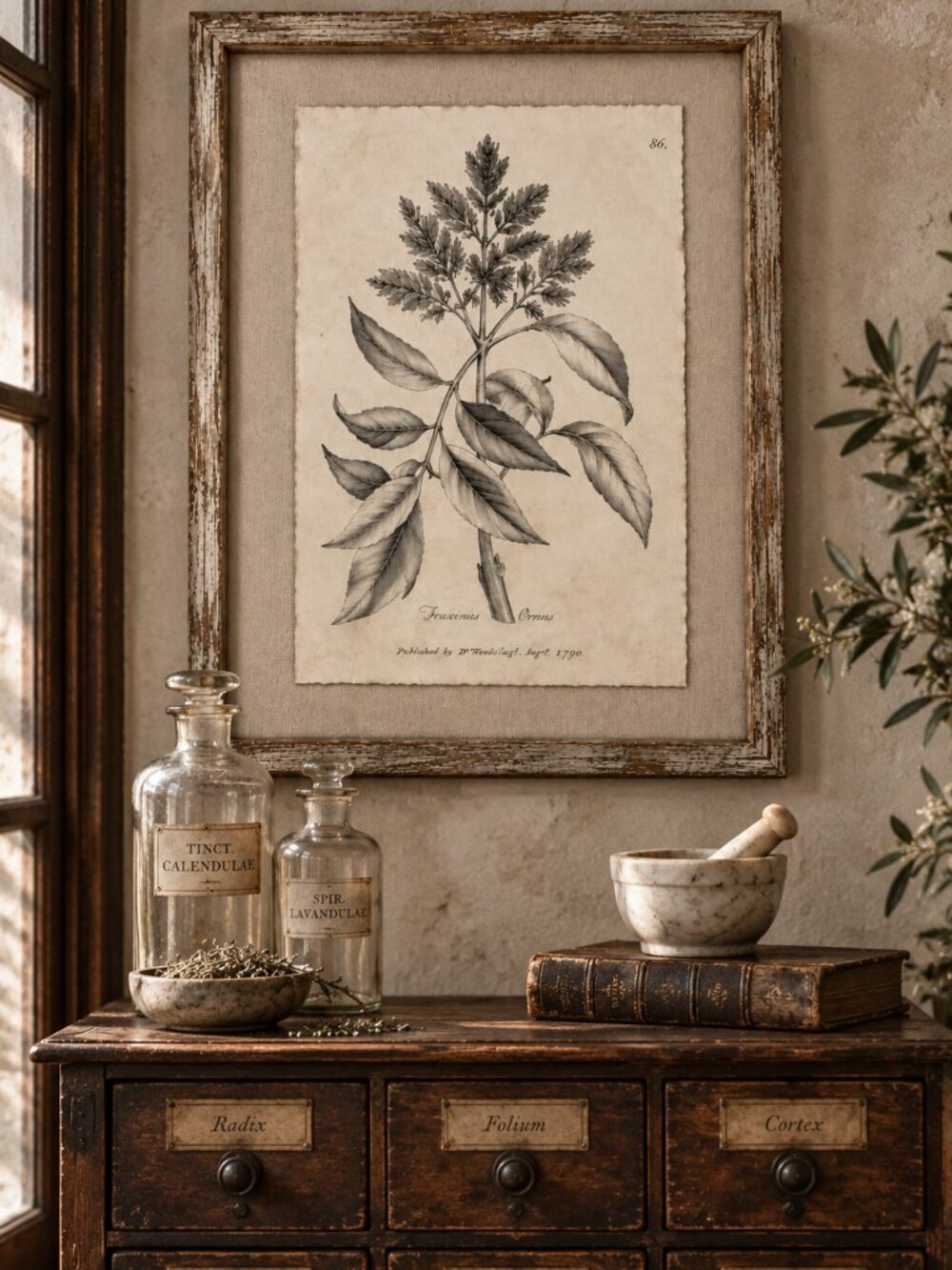 Vintage Framed Fraxinus Ornus Botanical Sepia Print Medical Botany Art
